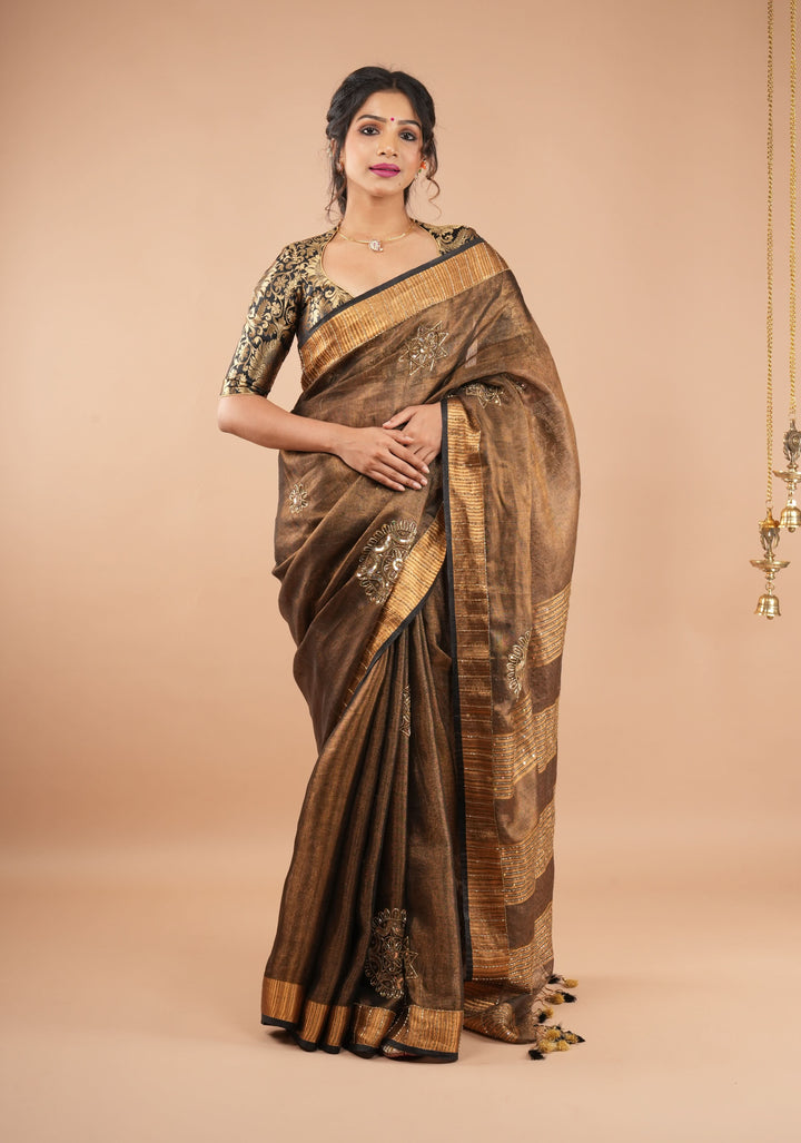 Embroidery cut dana with seqins Work Tissue Linen Saree in copper black with dramatic work Pallu