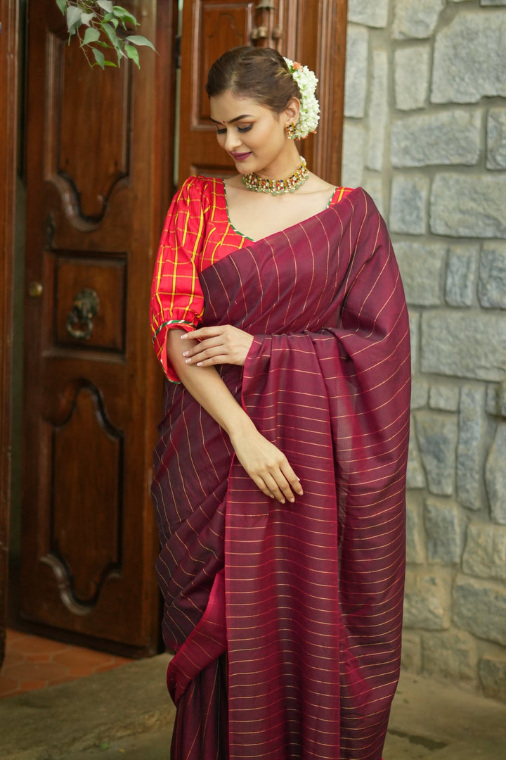Reversible Maheshwari Saree in mercerised Cotton with extra Long tassle in Maroon and No blouse Piece