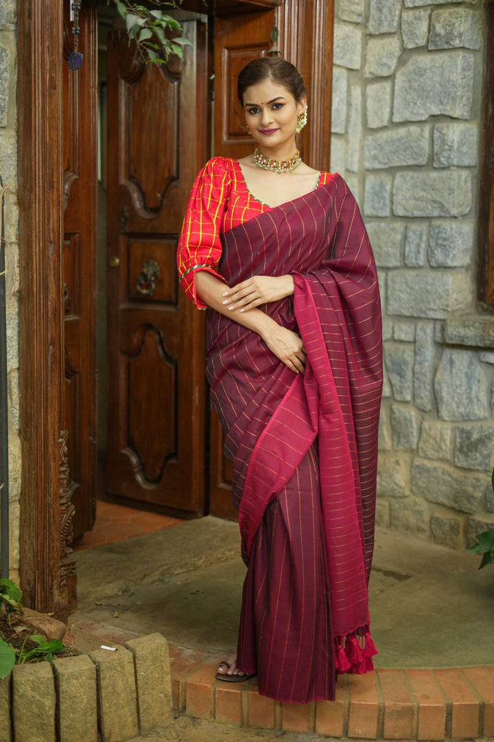 Reversible Maheshwari Saree in mercerised Cotton with extra Long tassle in Maroon and No blouse Piece