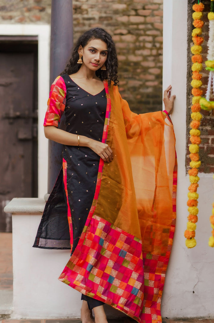 Poonam Black and Orange Kurti and Dupatta 2 Piece Set Bottom not included | Made To Order