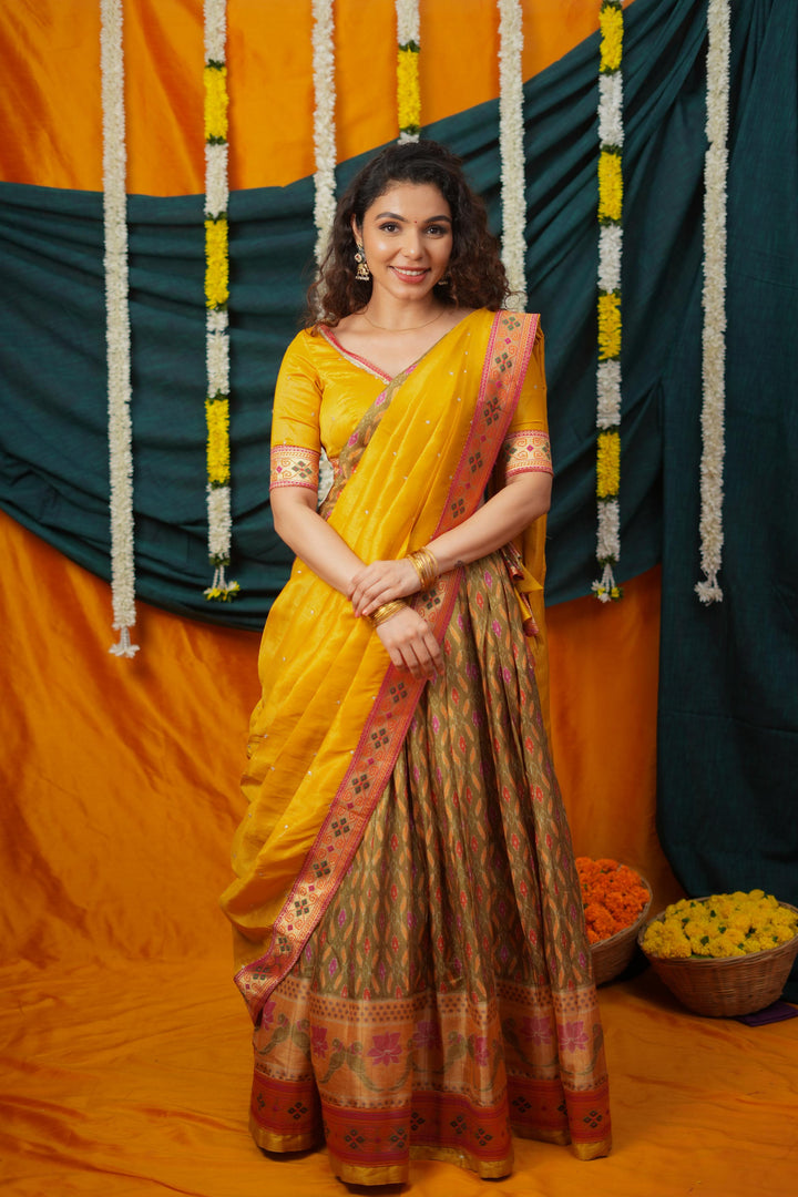 Cynthia Mustard Yellow & Olive Silk Lehenga Set | Made To Order