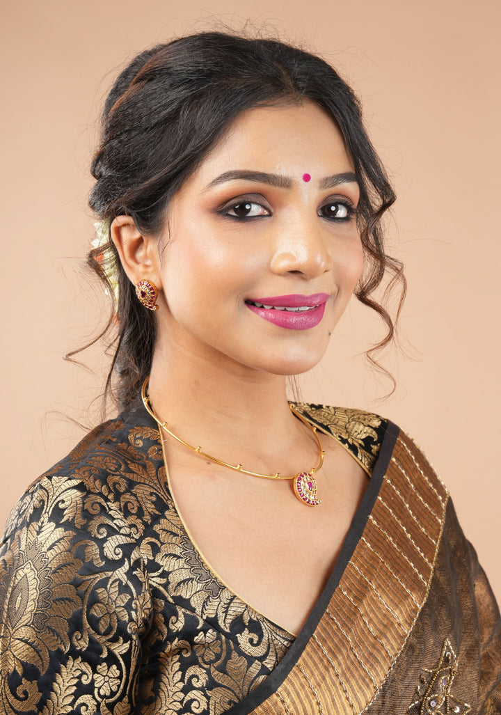 Pink Mango Jadau Pendant on Pink stone Wire base Necklace set with pearls dangling beads | Shobitam Jewelry