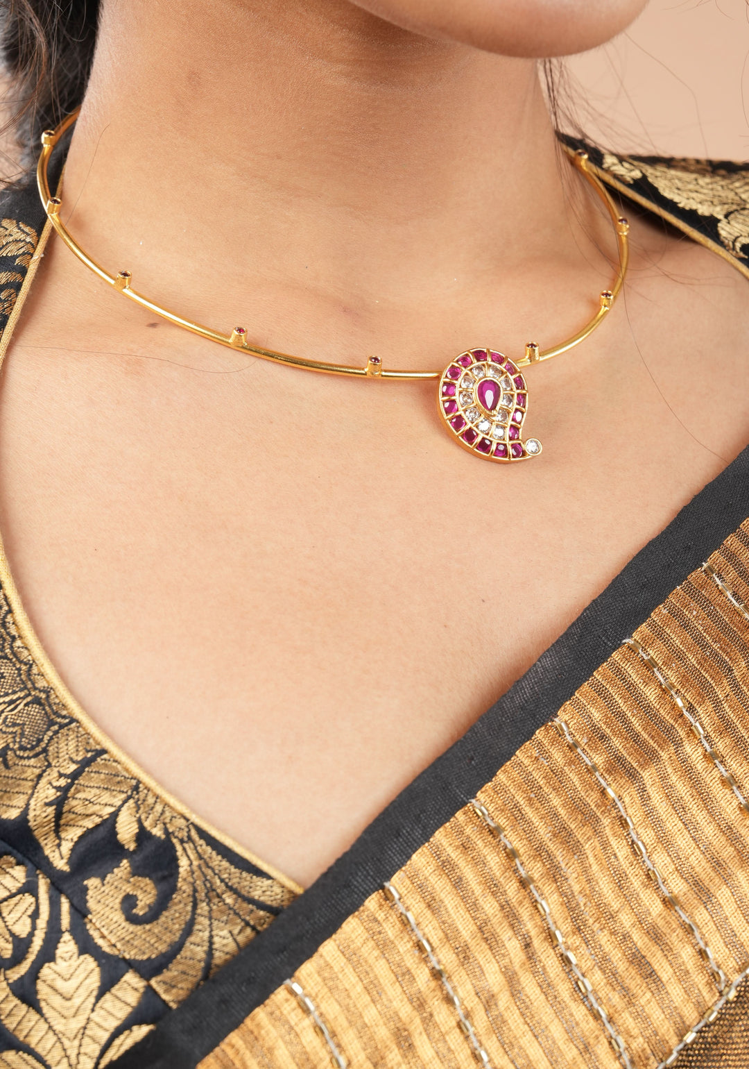 Pink Mango Jadau Pendant on Pink stone Wire base Necklace set with pearls dangling beads | Shobitam Jewelry