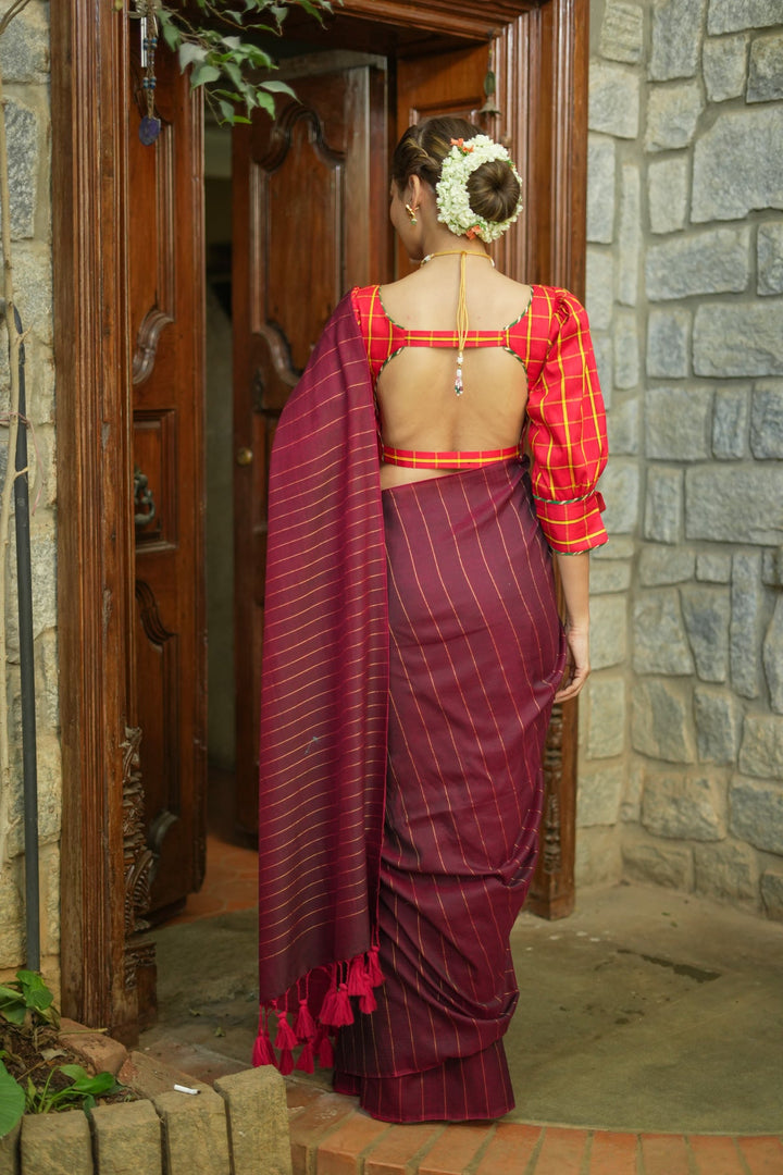 Reversible Maheshwari Saree in mercerised Cotton with extra Long tassle in Maroon and No blouse Piece