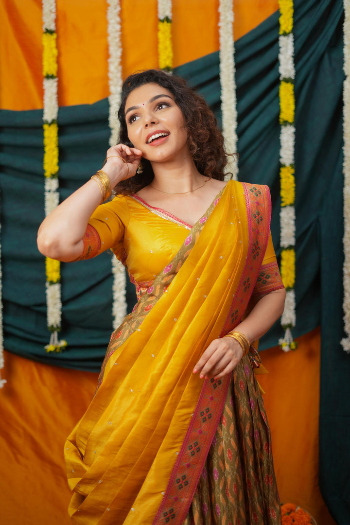 Cynthia Mustard Yellow & Olive Silk Lehenga Set | Made To Order