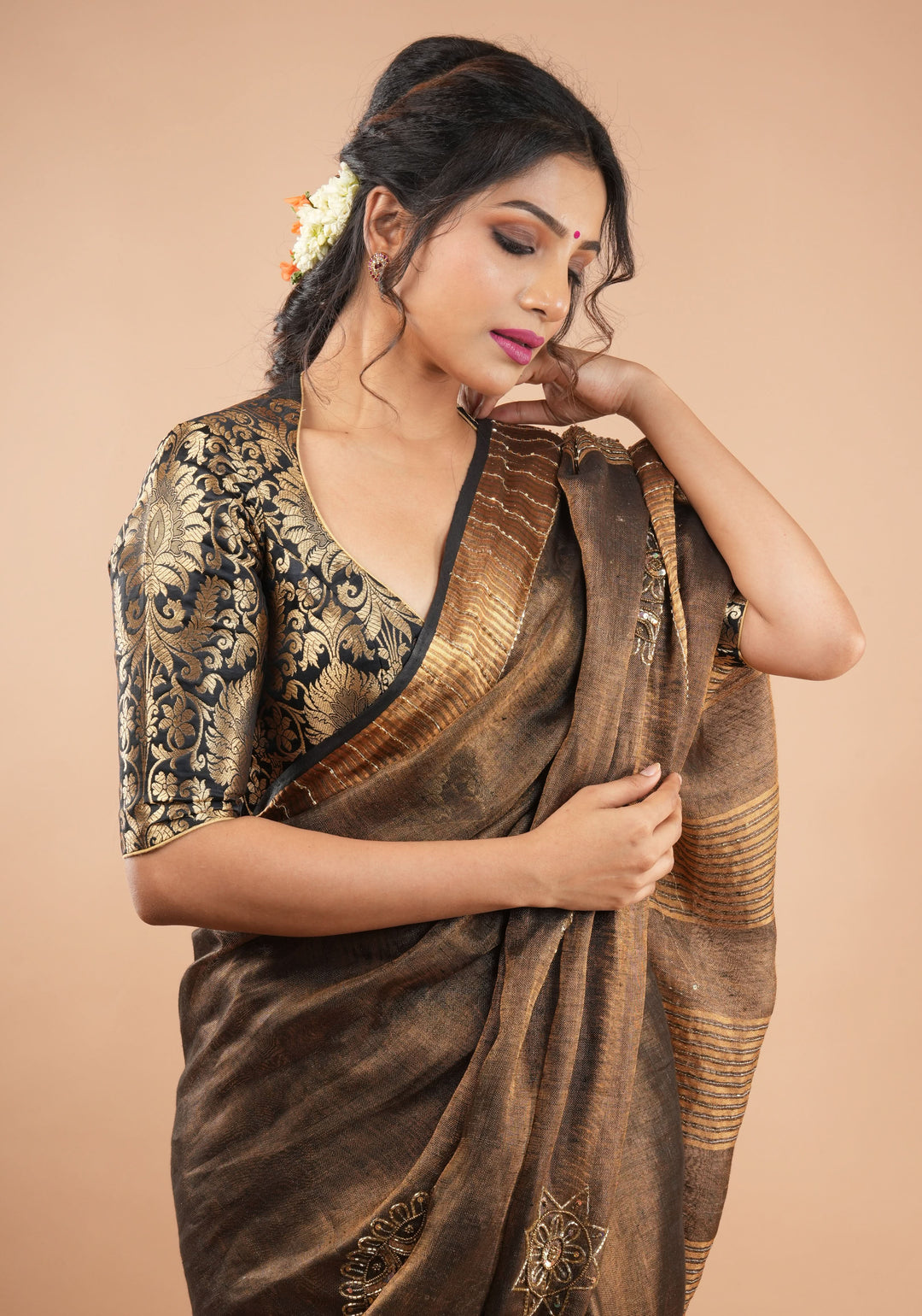 Embroidery cut dana with seqins Work Tissue Linen Saree in copper black with dramatic work Pallu