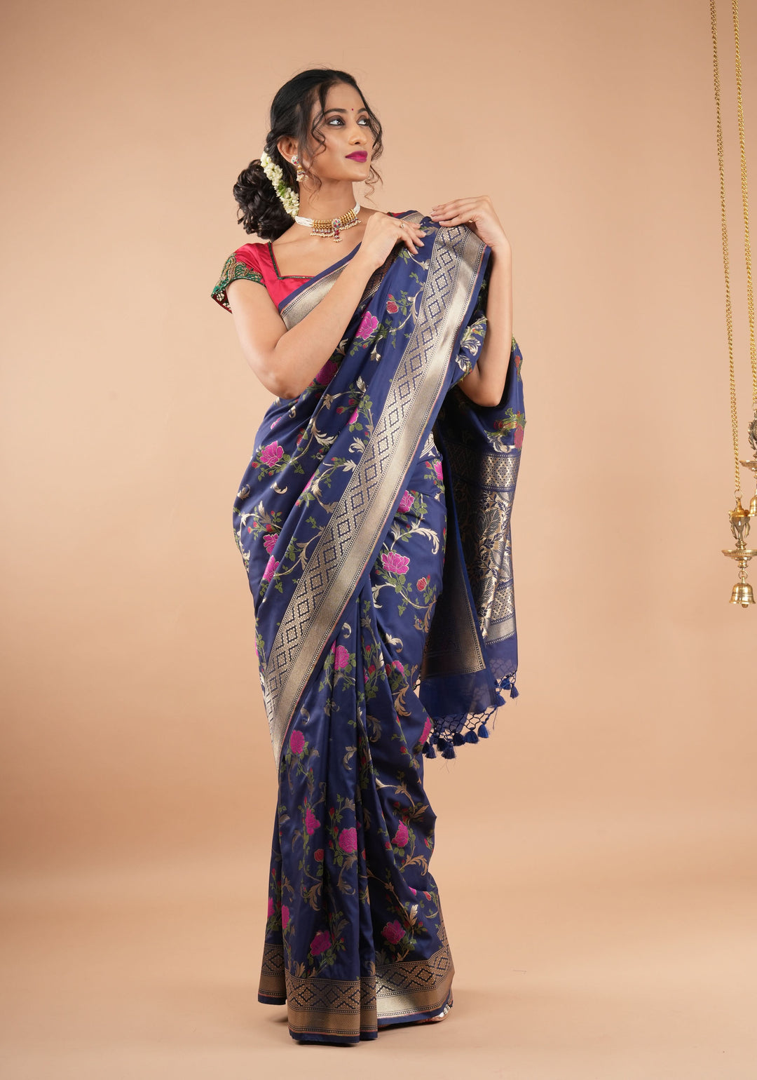 Space Cadet tone Exquisite Meenakari Rose Jaal Semi Silk Saree and zari border