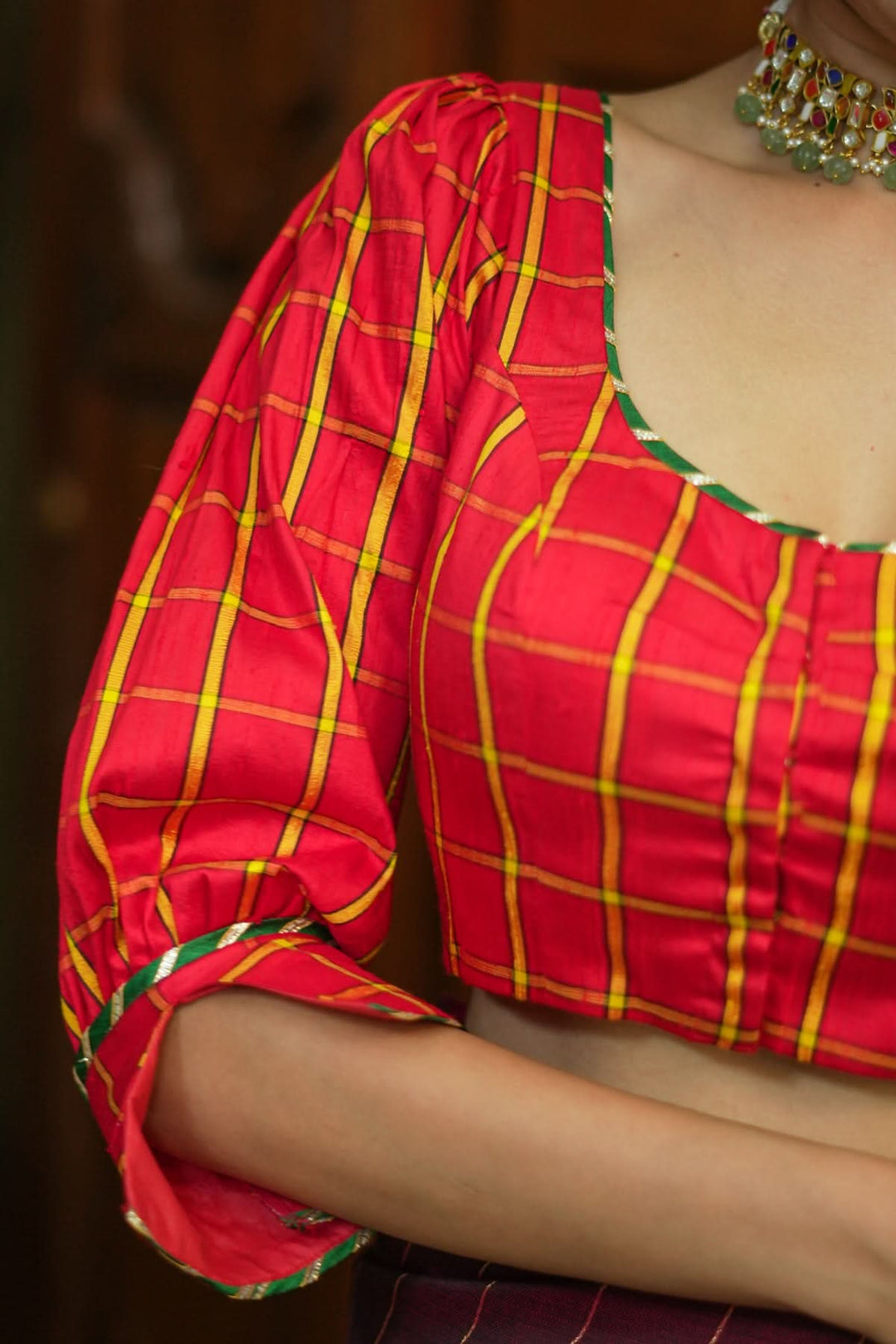Red checked pure rawsilk u neck blouse with puff sleeves