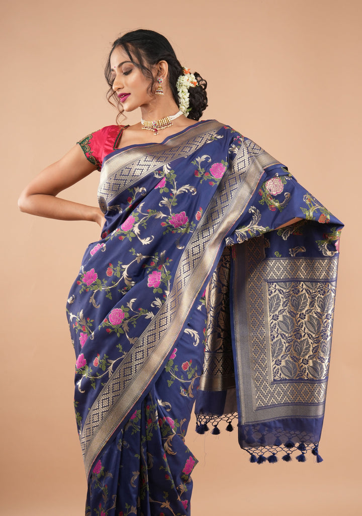 Space Cadet tone Exquisite Meenakari Rose Jaal Semi Silk Saree and zari border