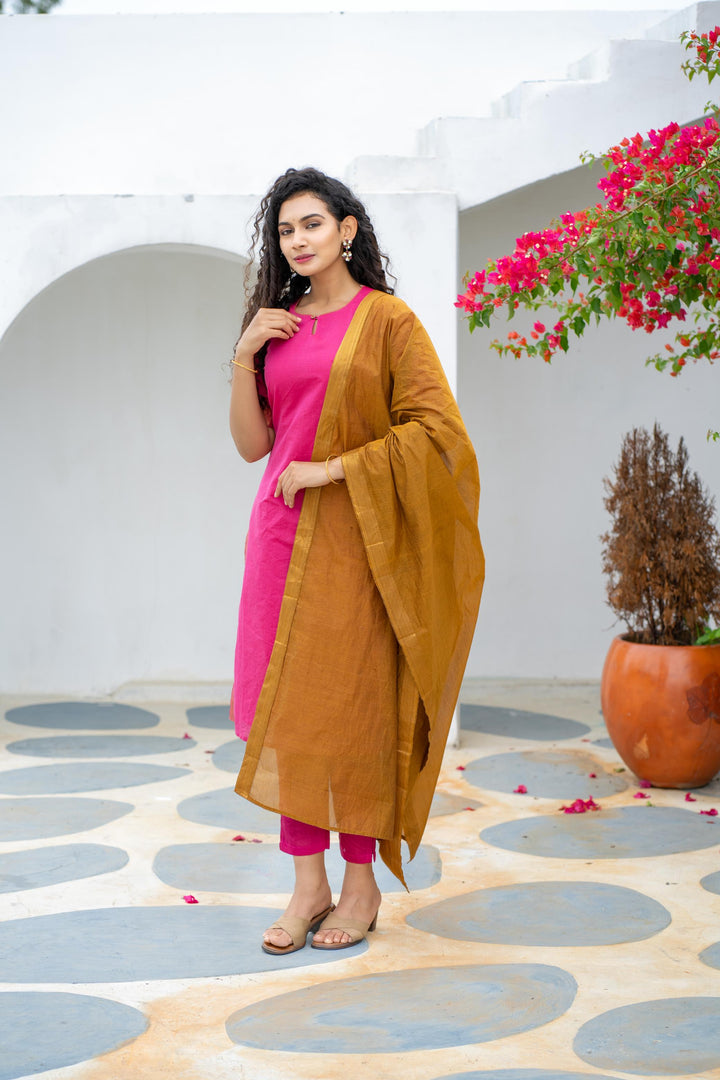 Pramojitha Pink & Mustard Kurti and Dupatta 2 piece Set | Made To Order