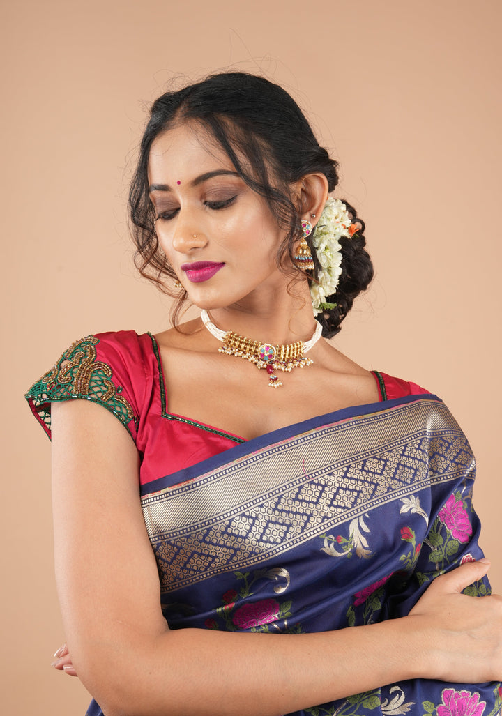 Microplated Gold Tone Flexible Design Necklace Set with  Floral Jadau center and dangling beads | Shobitam Jewelry