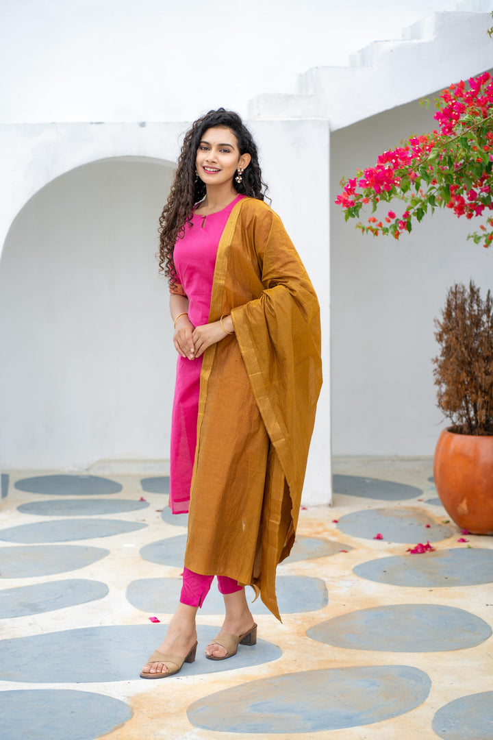 Pramojitha Pink & Mustard Kurti and Dupatta 2 piece Set | Made To Order
