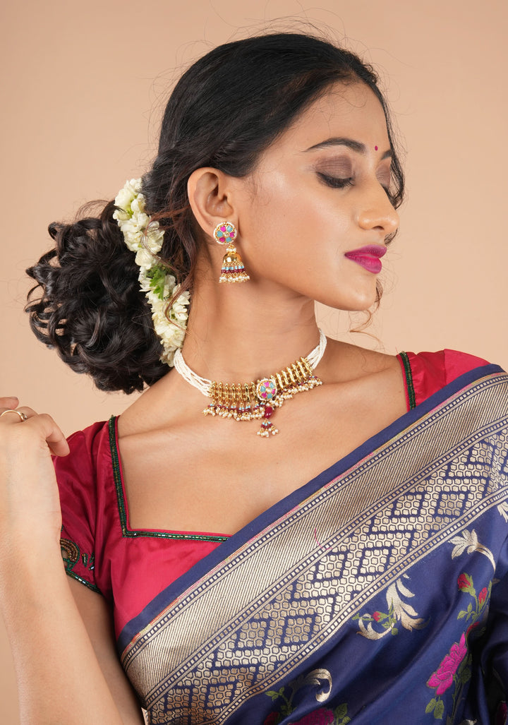 Microplated Gold Tone Flexible Design Necklace Set with  Floral Jadau center and dangling beads | Shobitam Jewelry