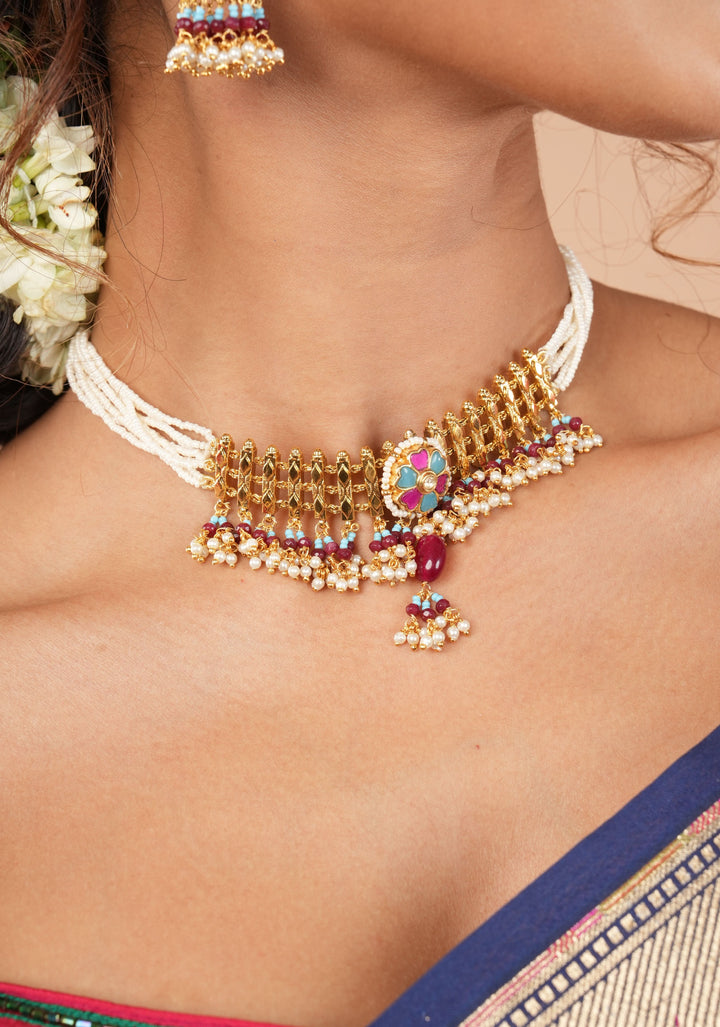 Microplated Gold Tone Flexible Design Necklace Set with  Floral Jadau center and dangling beads | Shobitam Jewelry