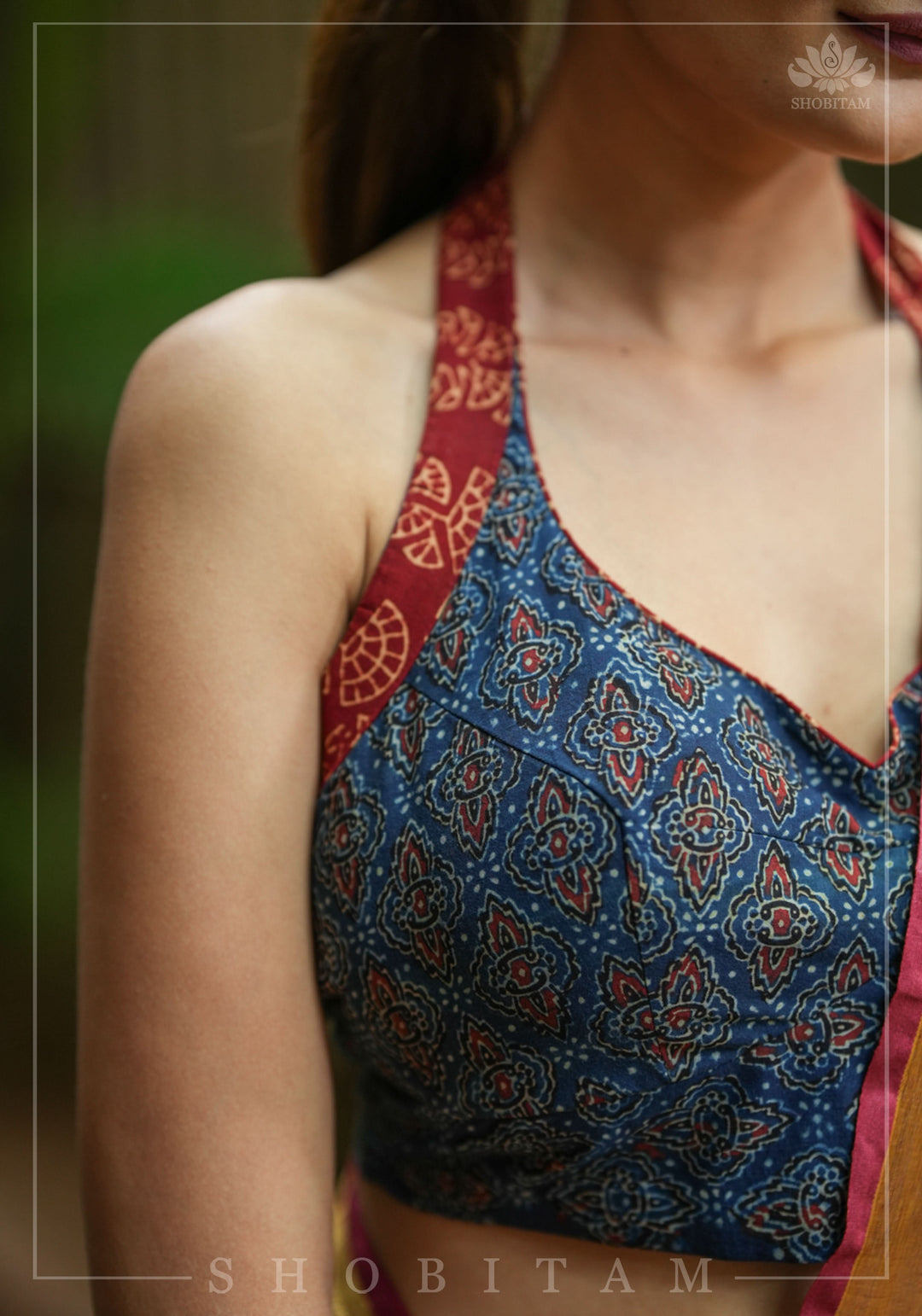 Halter Blouse in Indigo Ajrakh and maroon Sanganeri Hand Block Brint with extravagant tie back! | SHOBITAM