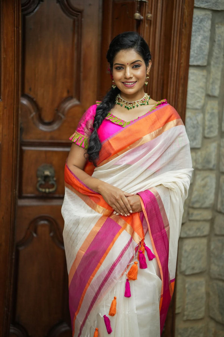 Handwoven  Maheshwari Silk Cotton Saree in White with Ganga jamuna Border | SHOBITAM