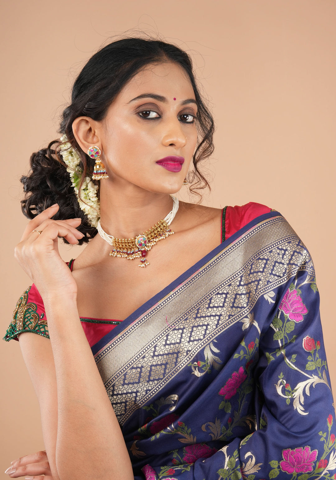 Microplated Gold Tone Flexible Design Necklace Set with  Floral Jadau center and dangling beads | Shobitam Jewelry