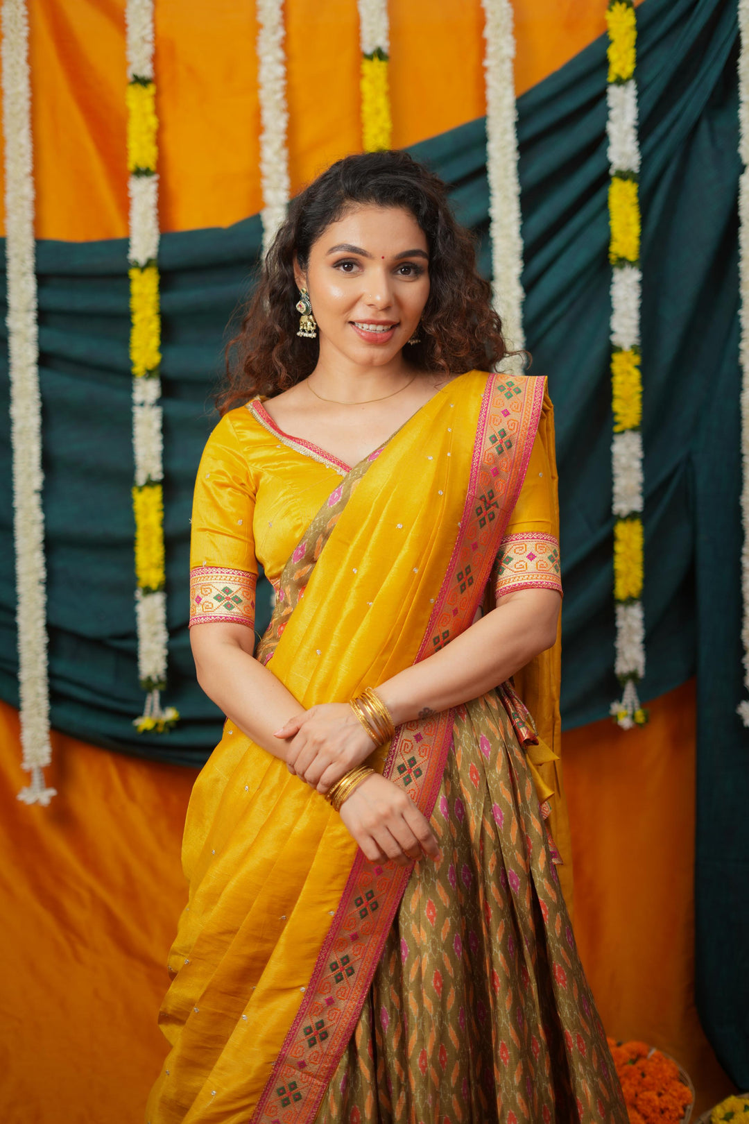 Cynthia Mustard Yellow & Olive Silk Lehenga Set | Made To Order