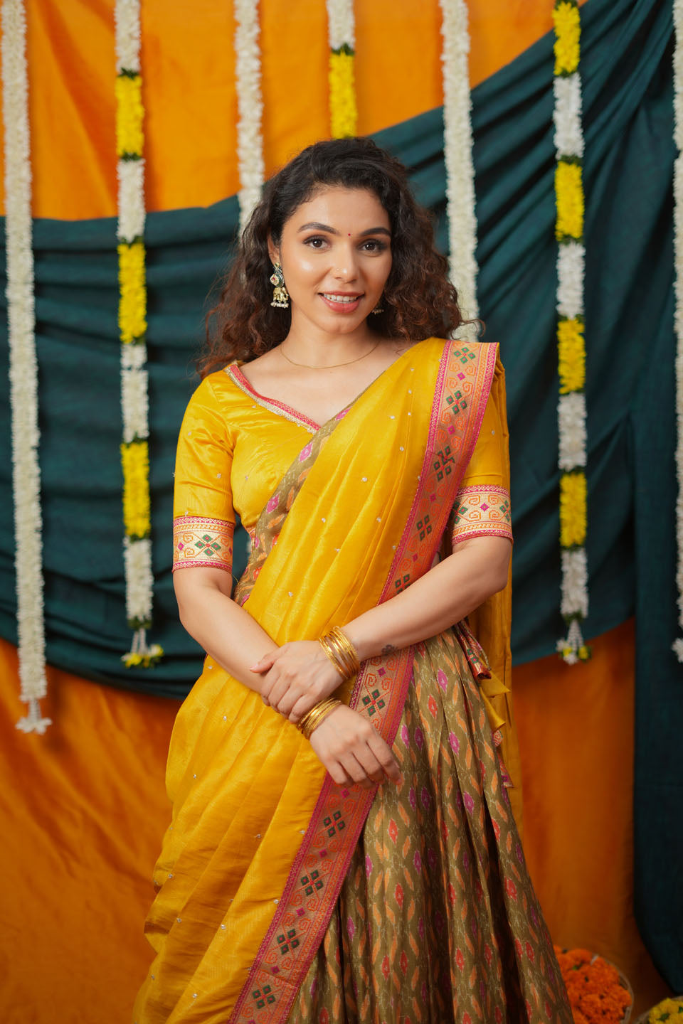 Cynthia Mustard Yellow & green Printed Lehenga Set | SHOBITAM
