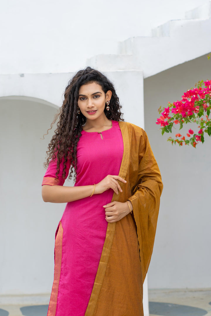 Pramojitha Pink & Mustard Kurti and Dupatta 2 piece Set | Made To Order