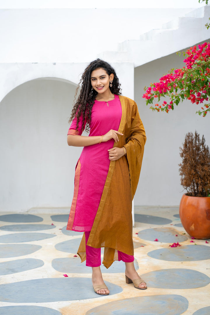Pramojitha Pink & Mustard Kurti and Dupatta 2 piece Set | Made To Order