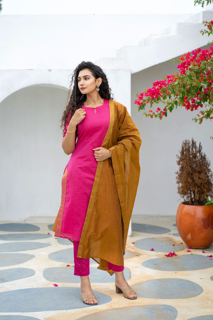 Pramojitha Pink & Mustard Kurti and Dupatta 2 piece Set | Made To Order