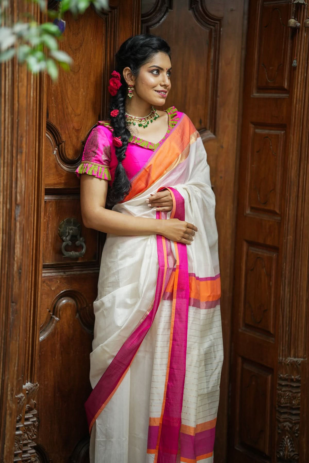 Handwoven  Maheshwari Silk Cotton Saree in White with Ganga jamuna Border | SHOBITAM