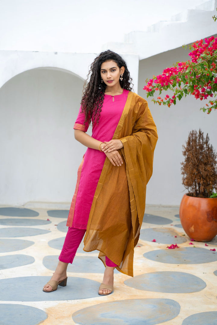 Pramojitha Pink & Mustard Kurti and Dupatta 2 piece Set | Made To Order