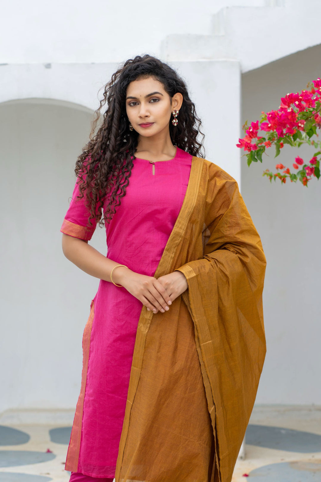 Pramojitha Pink & Mustard Kurti and Dupatta 2 piece Set | Made To Order