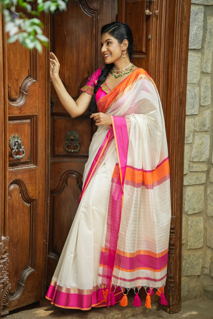 Handwoven  Maheshwari Silk Cotton Saree in White with Ganga jamuna Border | SHOBITAM