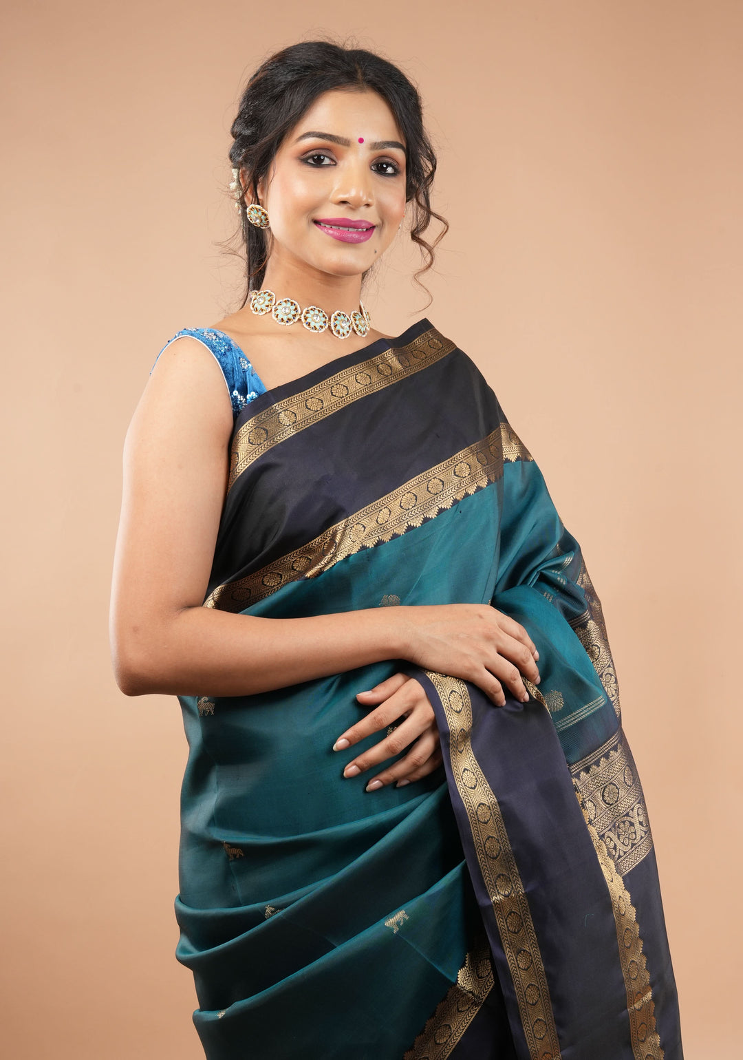 Cobalt Blue Velvet floral embroidery and  sequins sleeveless blouse with blue dangling beads at the back