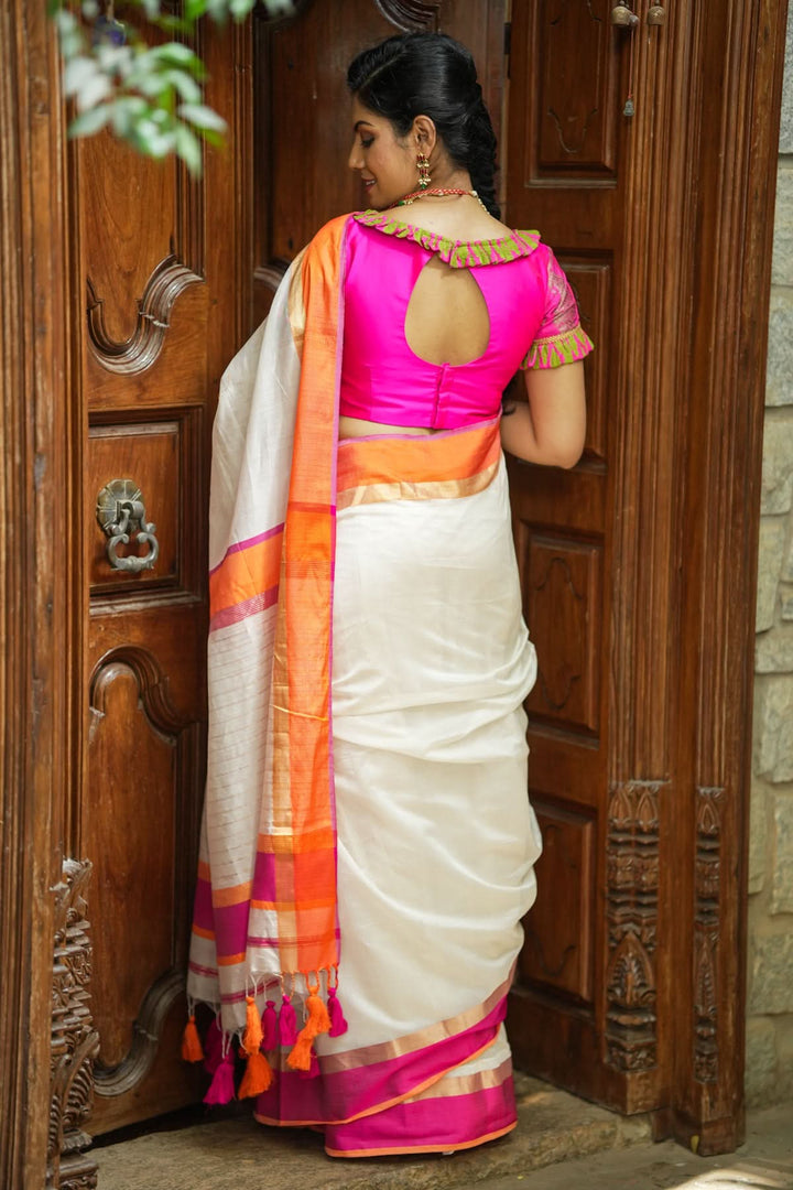 Handwoven  Maheshwari Silk Cotton Saree in White with Ganga jamuna Border | SHOBITAM