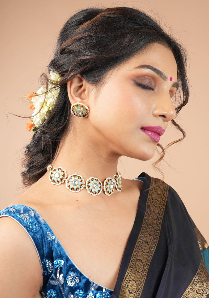 Exquisite Ahmedabadi kundan Floral Units Choker and Earrings Set | Shobitam Jewelry
