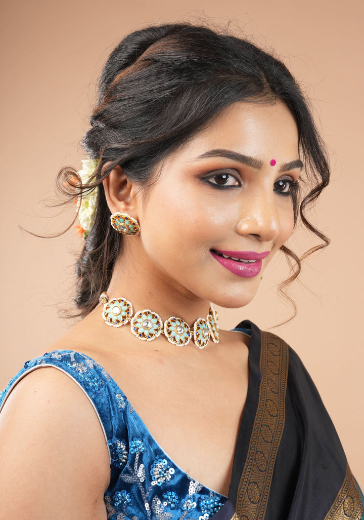 Exquisite Ahmedabadi kundan Floral Units Choker and Earrings Set | Shobitam Jewelry