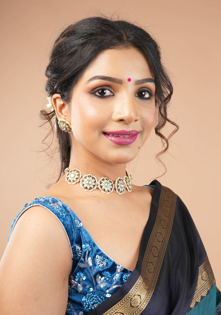 Exquisite Ahmedabadi kundan Floral Units Choker and Earrings Set | Shobitam Jewelry