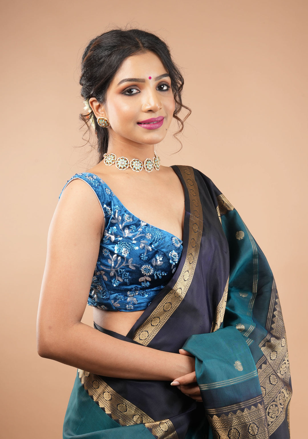 Cobalt Blue Velvet floral embroidery and  sequins sleeveless blouse with blue dangling beads at the back