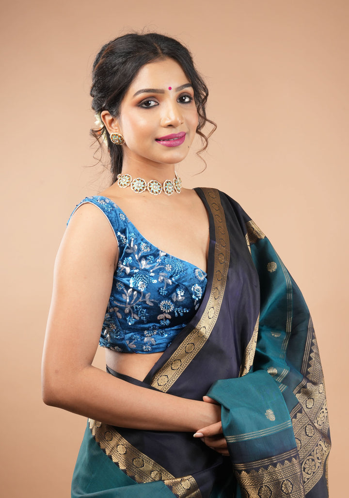 Cobalt Blue Velvet floral embroidery and  sequins sleeveless blouse with blue dangling beads at the back