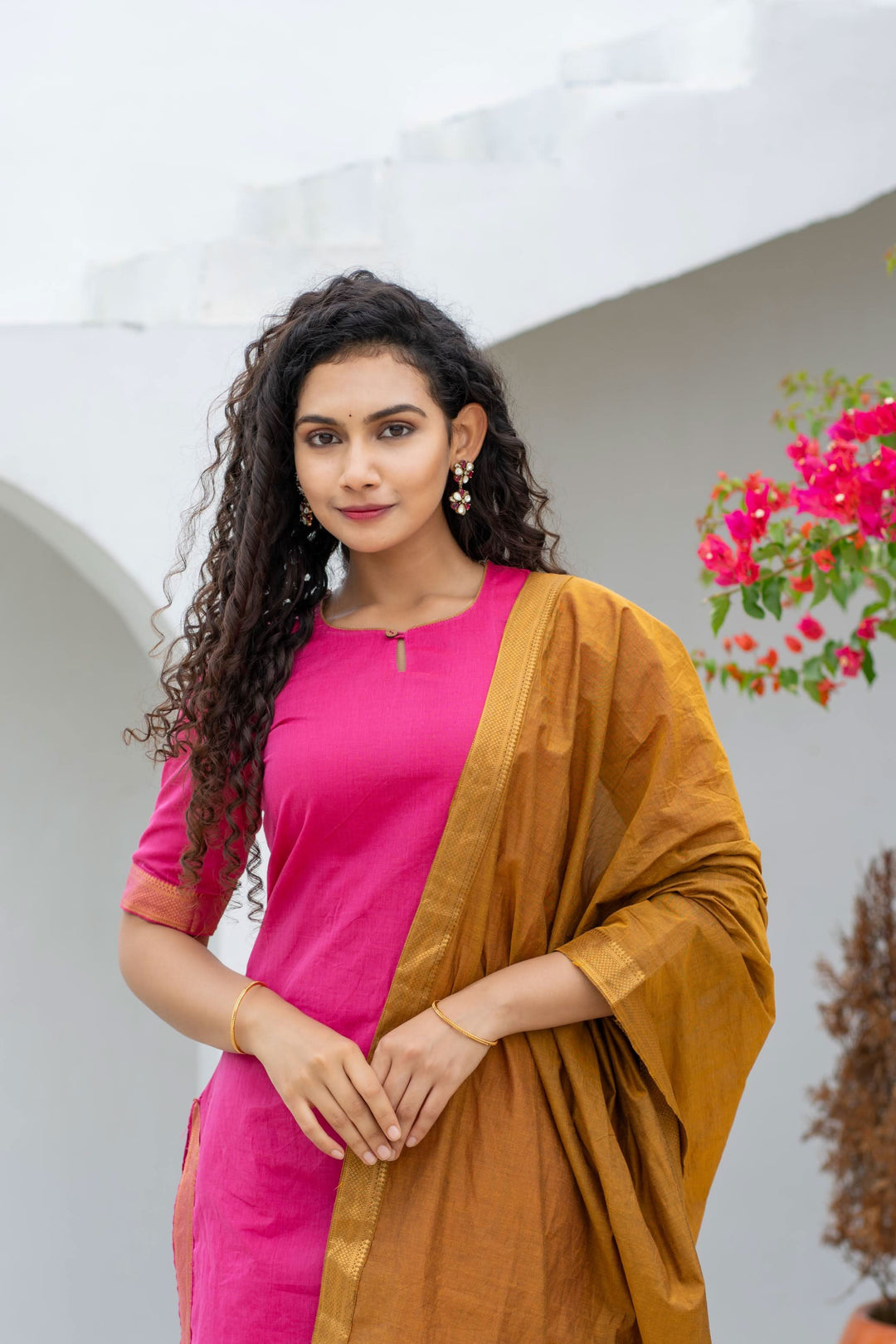 Pramojitha Pink & Mustard Kurti and Dupatta 2 piece Set | Made To Order