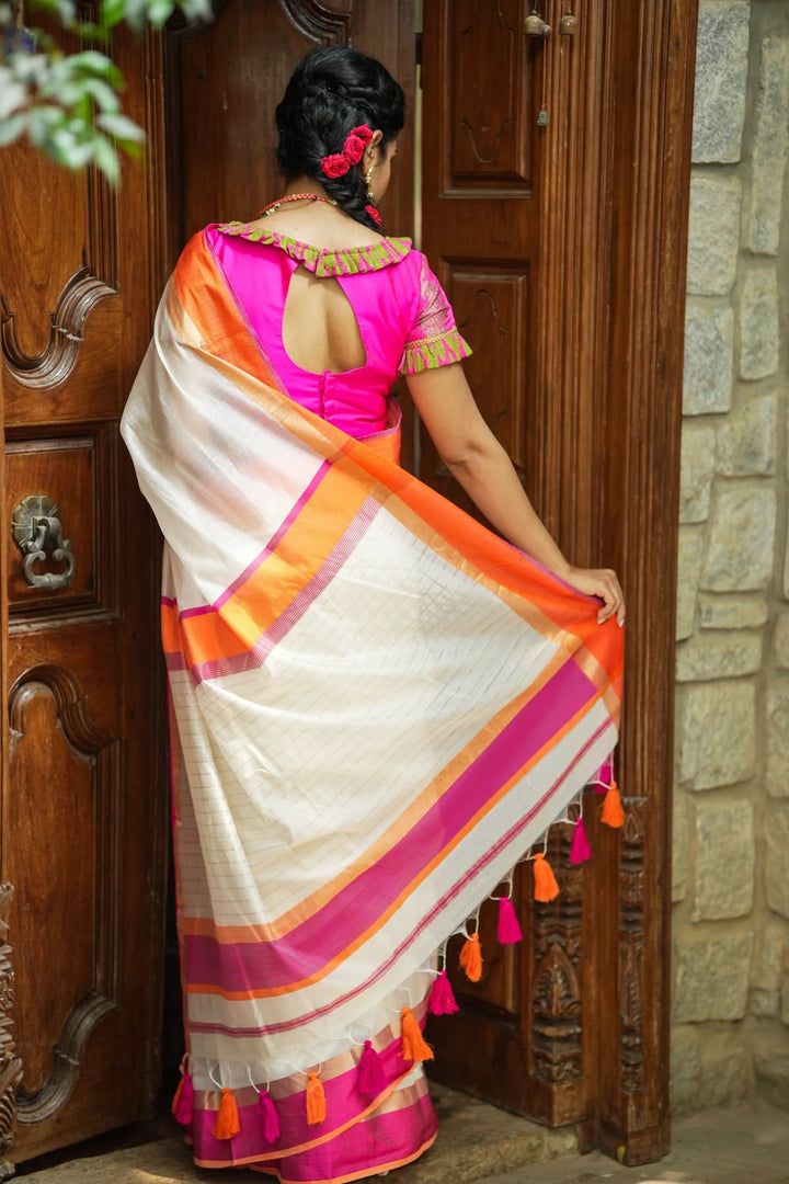 Handwoven  Maheshwari Silk Cotton Saree in White with Ganga jamuna Border | SHOBITAM