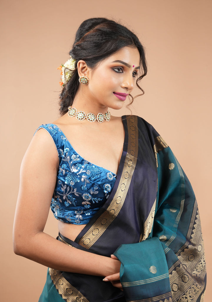 Cobalt Blue Velvet floral embroidery and  sequins sleeveless blouse with blue dangling beads at the back