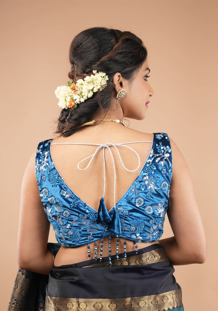 Cobalt Blue Velvet floral embroidery and  sequins sleeveless blouse with blue dangling beads at the back
