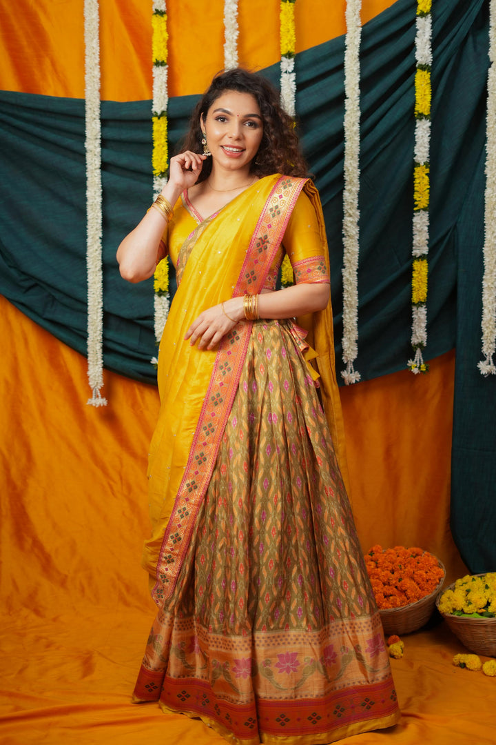 Cynthia Mustard Yellow & Olive Silk Lehenga Set | Made To Order
