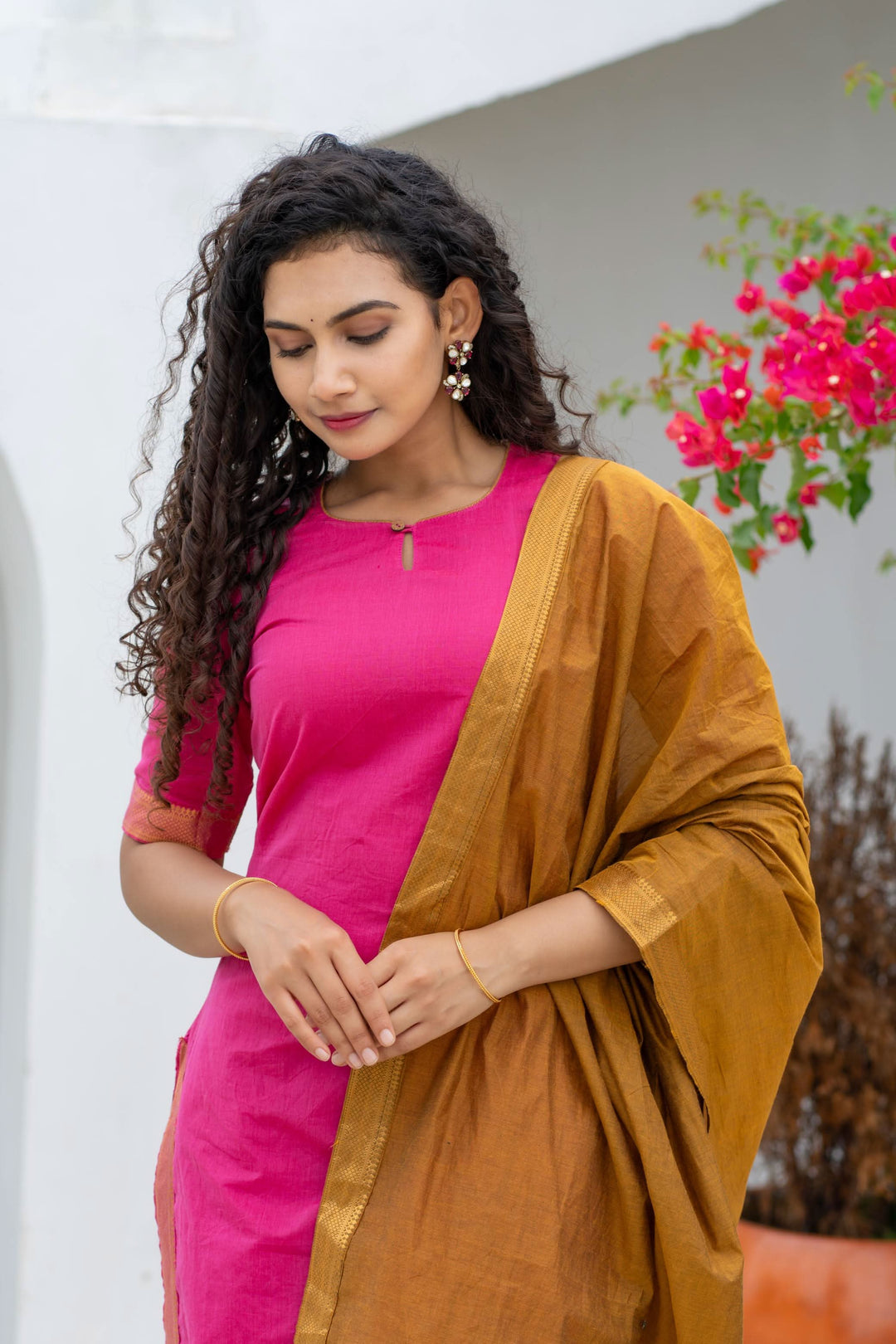 Pramojitha Pink & Mustard Kurti and Dupatta 2 piece Set | Made To Order