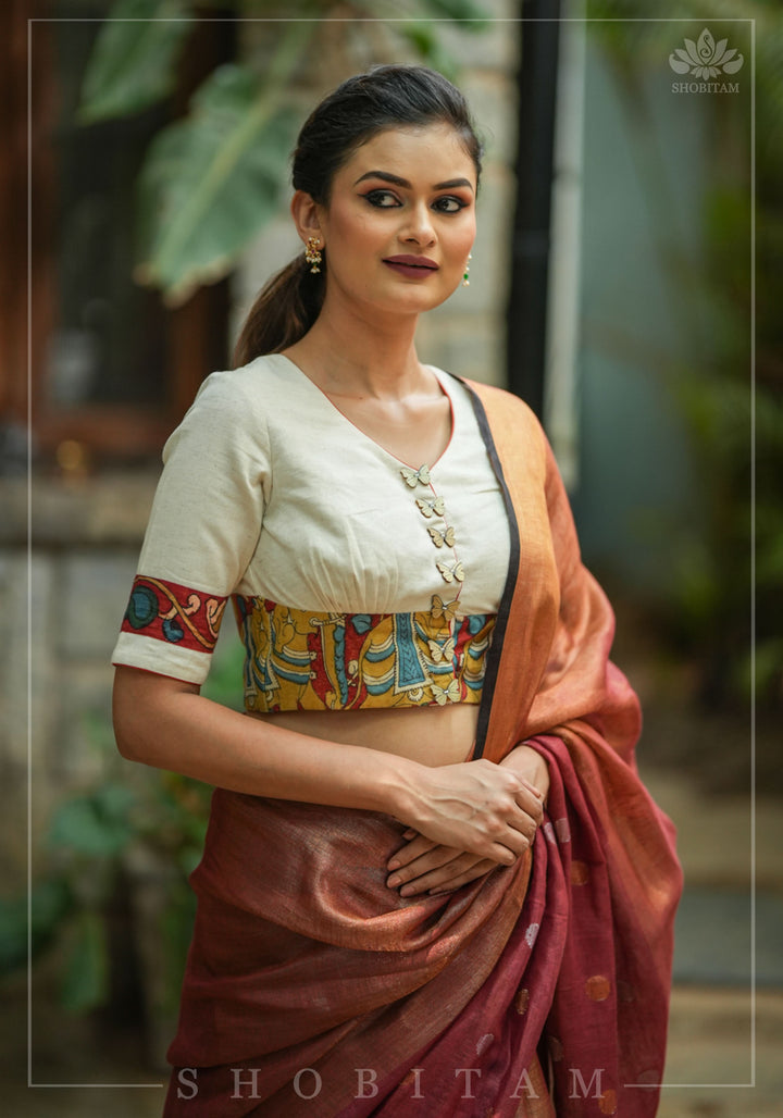Daisy white V neck blouse with handpainted kalamkari border
