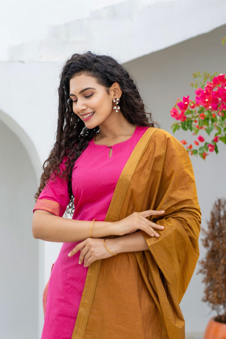 Pramojitha Pink & Mustard Kurti and Dupatta 2 piece Set | Made To Order