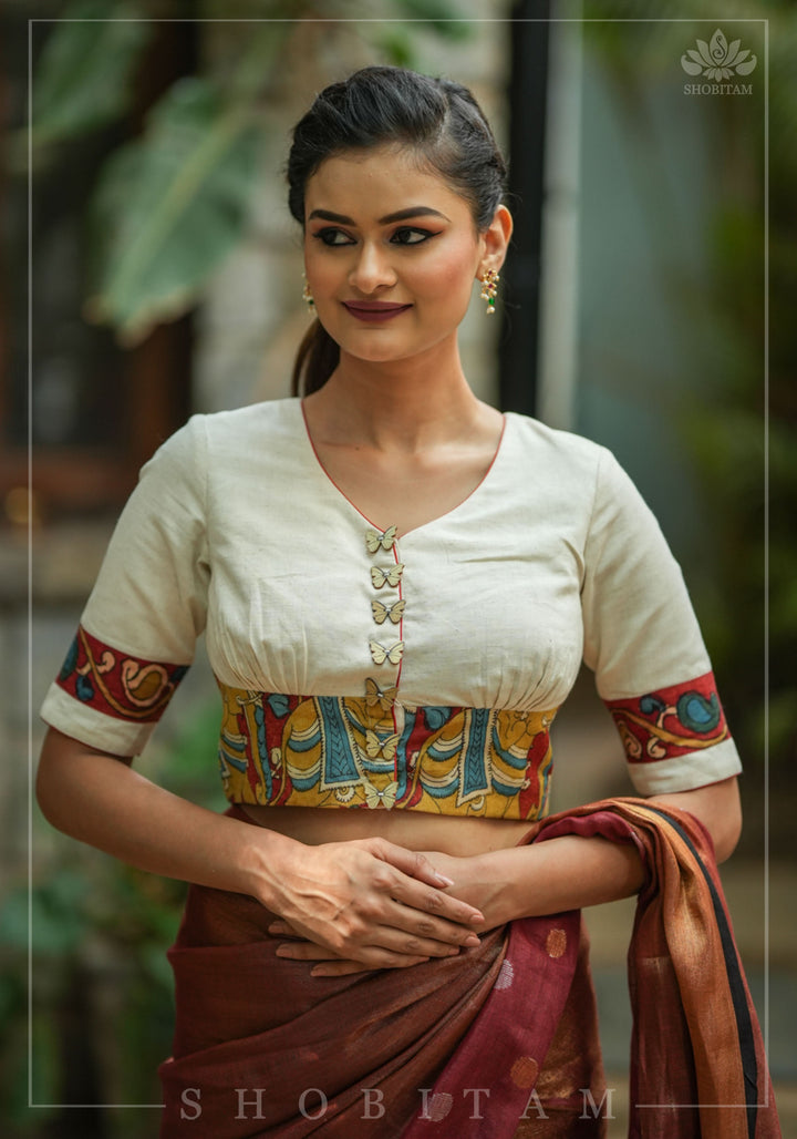 Daisy white V neck blouse with handpainted kalamkari border