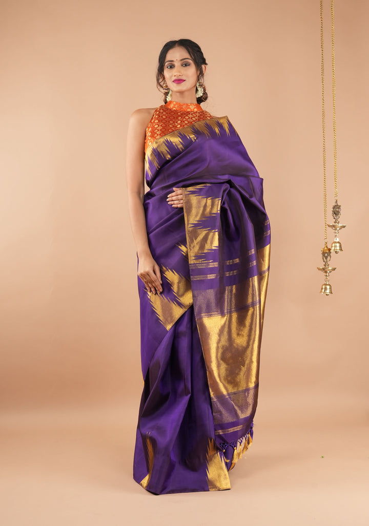 Dark Purple  tone  Kanjivaram Silk Saree with Antique gold Zari Temple border | SILK MARK CERTIFIED