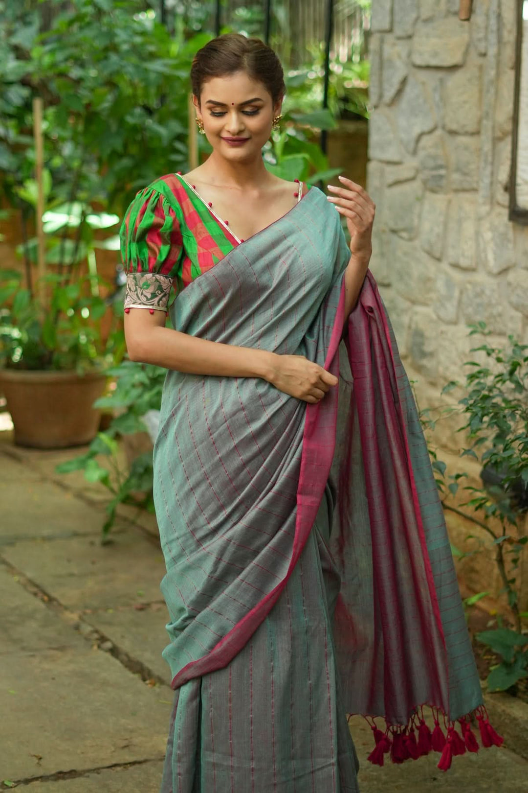 Reversible  Maheshwari Mercerised Cotton Saree with extralong tassels, no blouse piece
