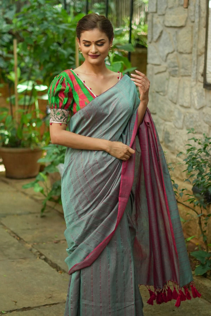 Reversible  Maheshwari Mercerised Cotton Saree with extralong tassels, no blouse piece