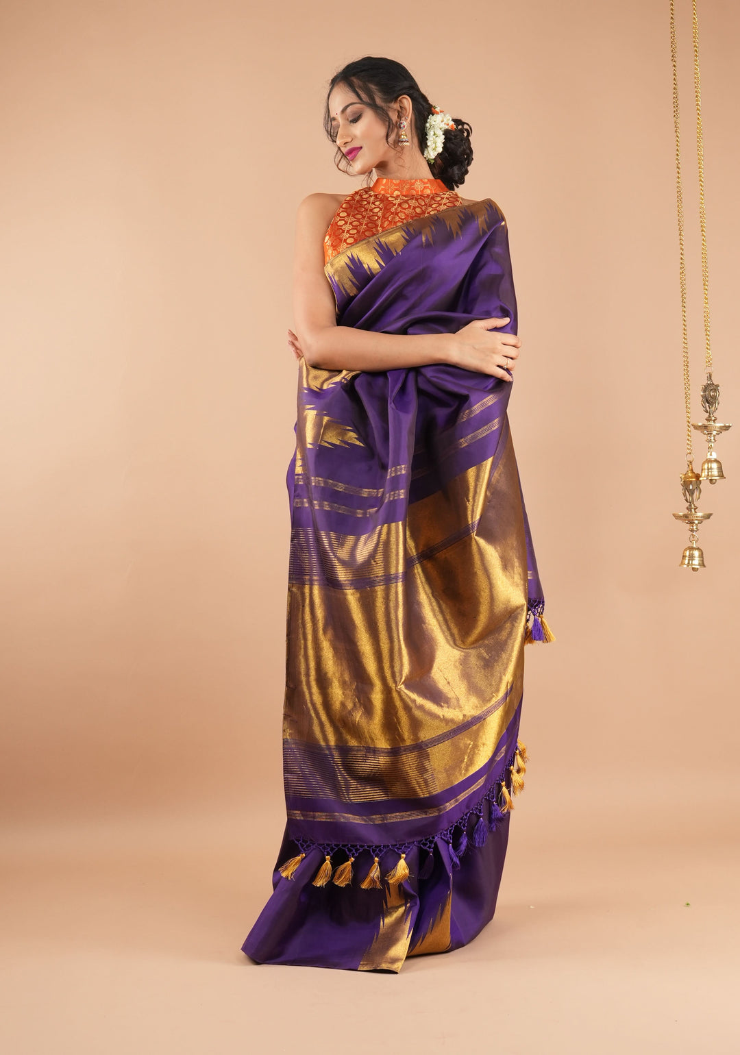 Dark Purple  tone  Kanjivaram Silk Saree with Antique gold Zari Temple border | SILK MARK CERTIFIED